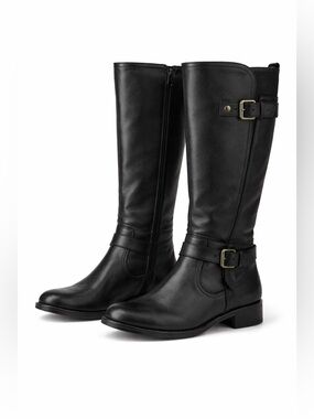 Naturalizer Jamie Black Leather Riding Boots Tall Buckle Luxe Comfort 6.5 Wide